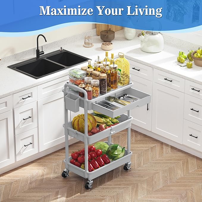 SUNALLY 3 Tier Rolling Cart with Drawer, Craft Storage Cart Organizer, Gray | Bathroom Storage Organizer with 2 Lockable Wheels, Rolling Utility Cart for Kitchen, Office, Baby, Makeup, Nail,Snack,Laundry