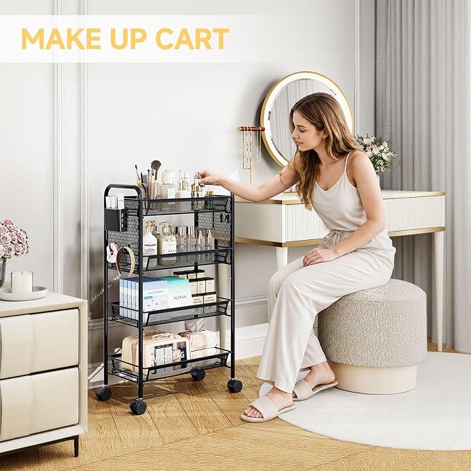 KINGRACK 4 Tier Rolling Cart, Metal Utility Storage Cart with Pegboard | Screwless Assembly, Lockable Wheels, 4 Hooks & 1 Bin, Mobile Organizer for Bathroom Kitchen Office Craft Room Laundry, Black