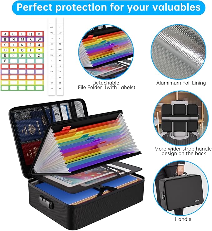 ENGPOW Fireproof File Organizer Bag with 13 Colorful Pockets Accordion File Folder,5200℉ Document Organizer Box with Lock&Labels,Multi-Layer Portable Home Safe Storage for Important Documents,Files