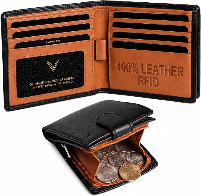 Soft Leather Wallet for Men, Genuine Bifold with Zipper Coin Pocket | Holds Bills, Credit Cards, Coins – RFID Blocking – Stylish, Durable & Practical Leather Wallet for Men