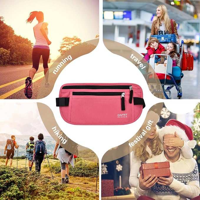 RFID Blocking Money Belt for Men Women, Slim Fanny Pack for Travel，Running,Conceal Waist Wallet for Passport Holder,Phone,Cash(Hot Pink)