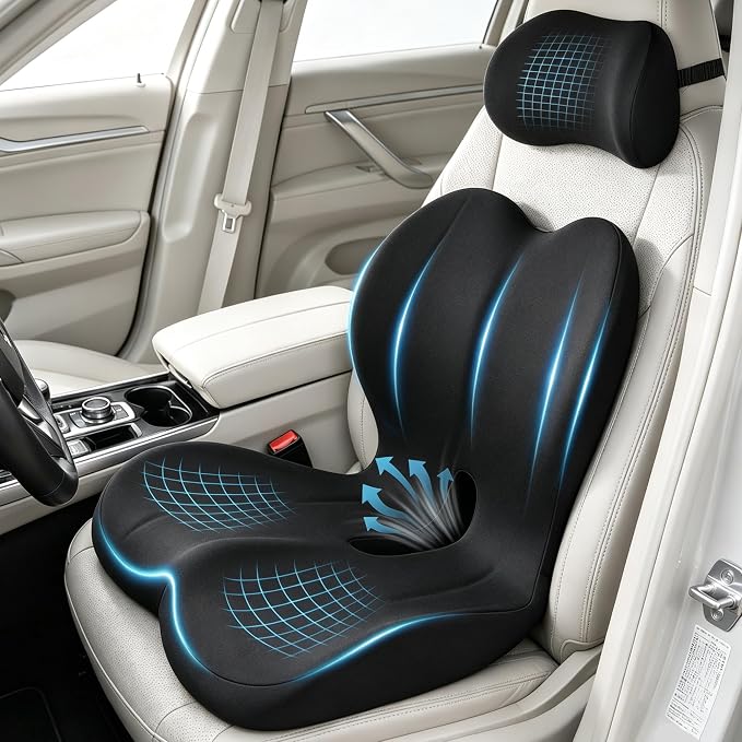 Truck Seat Cushion and Headrest Set for Long Driving - Memory Foam Car Seat Driver Cushion for Tailbone, Back & Sciatica Pain Relief, Ergonomic Lumbar Support for Semi Truck - Black