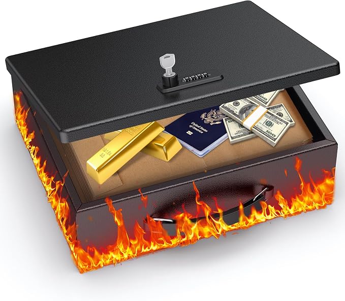 Uniclife Fireproof Document Box with Combination & Key Lock | Water Resistant, Large Metal Lock Box for A4 Paper, Portable Document Safe for Valuables Passports, 13" x 10.9" x 4.1"