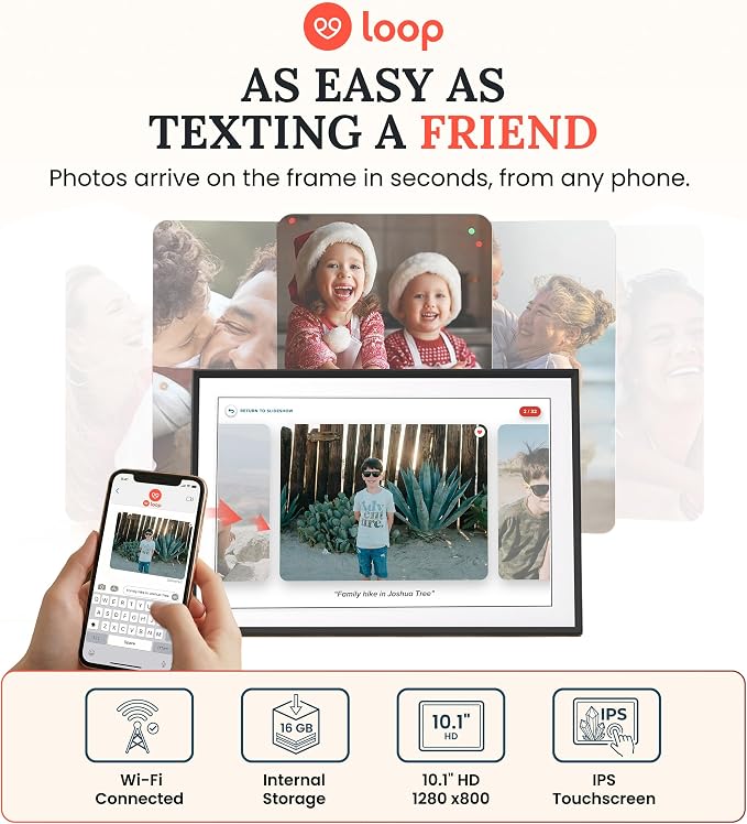 Loop Wi-Fi Digital Picture Frame with Touch Screen – 10-Inch Digital Photo Frame for Home – Text Message and App Photo Sharing – User-Friendly Digital Frame – Gift for Family