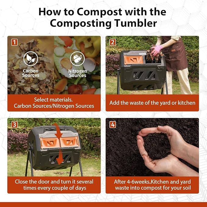 Compost Bin, 43-Gal Dual Chamber Composter Tumbler, Black Orange | Steel Frame with 2 Sliding Door and Aeration System, 360° Rotating, Tumbling Composting Bin for Kitchen, Garden, Yard