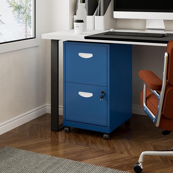 Polup 2 Drawer Rolling File Cabinet with Lock for Home Office | Metal Mobile Filing Cabinet on Wheels, Small Under Desk Storage, Fits Hanging Letter Size, Printer Stand, Blue