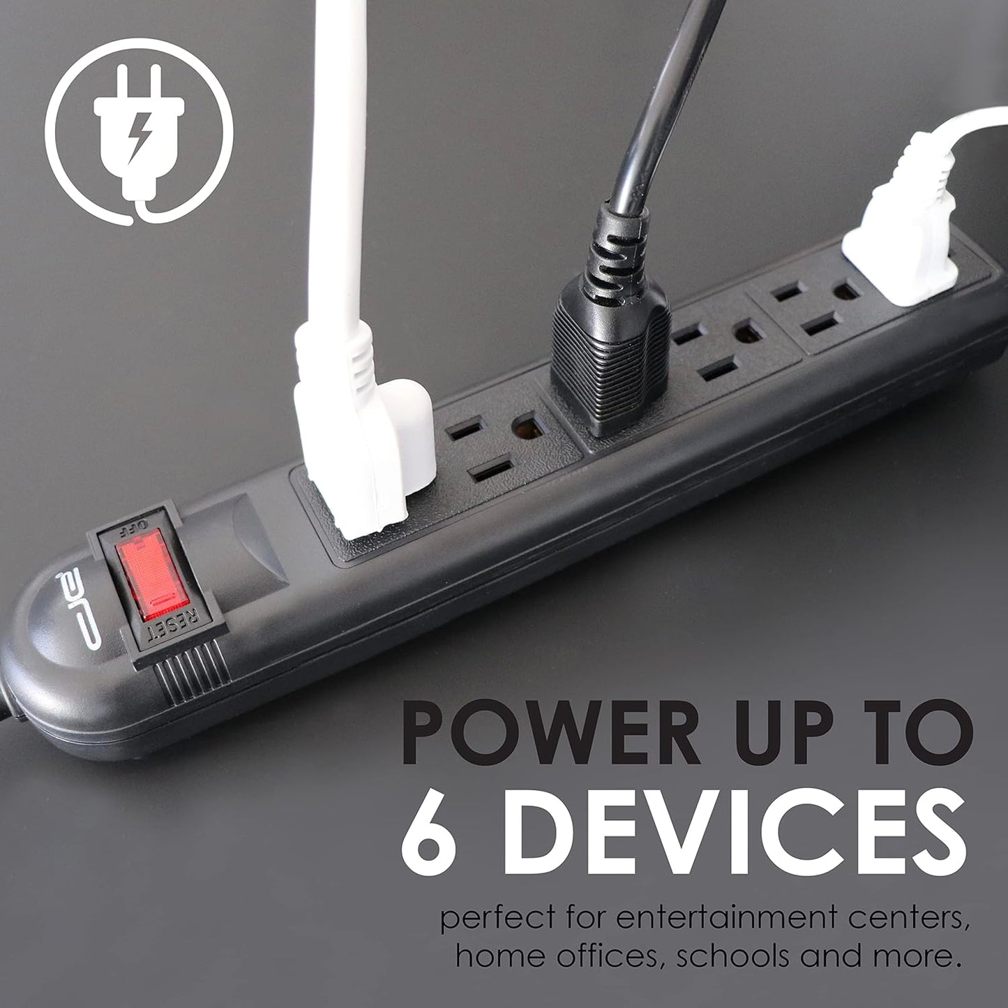 Digital Energy 6-Outlet Surge Protector Power Strip with 15-Ft Long Extension Cord, Black, ETL Listed/UL Standard