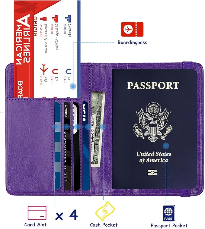 TOURSUIT RFID Blocking Passport Holder, Leather Travel Wallet, Purple | Travel Document Holder Cover Accessories, 3D Metal Badge, For Women Men