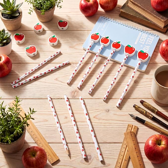 32 Pcs Apple Theme Pencil with Eraser Back to School Party Favors First Day of School Stationery Supplies for Classroom Exchange Gift Student Teachers' Day Reward Supplies
