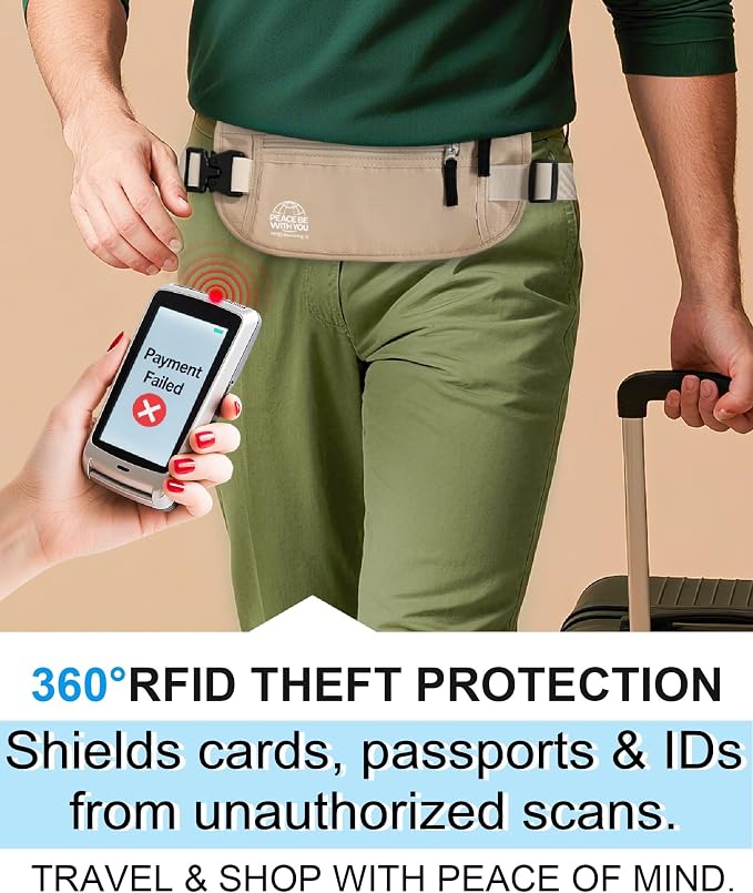 Money Belt for Travel, Passport Holder, RFID Blocking, Sweat-Proof, Beige | 3rd Gen Hidden Waist Wallet Anti Theft to Protect Cash, Credit Cards and Documents Under-Clothes for Men & Women, Bamneat