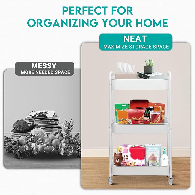 ZOES HOMEWARE 3 Tier Metal Rolling Cart on Wheels,Heavy Duty Utility Cart | Sturdy 3 Tiered Rolling Storage Cart With Hooks, Great For Craft, Art Workspace, Kitchen ,Snack And Office Storage, White