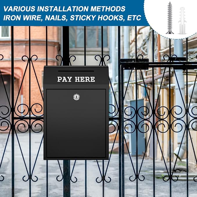 Yaocom Safe Metal Cash Box for Farm Stand – Money Drop and Secure Donation Collection, Wall Mount Lockable Unit with Pre Drilled Holes for Outdoor Self Serve(Black,11.8 x 8.6 x 4.7 Inch)