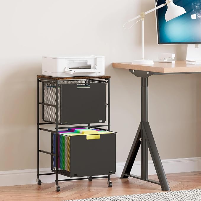EasyPAG Rolling Storage Cart with 2 Drawers, Under Desk File Cabinet on Lockable Wheels, Movable Letter Size Hanging File Folder Organizer with Wooden Printer Stand for Home Office, Black