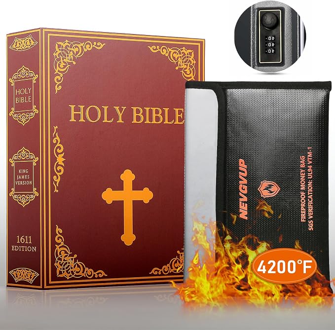 Diversion Book Safe with 4200°F Fireproof Money Bag and Combination Lock, 10.5" x 7.9" x 2.5" Fake Book Hidden Storage Safe, Hollow Secret Portable Metal Storage Box for Cash, Valuables - Easter Bible