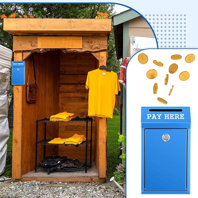 Yaocom Safe Metal Cash Box for Farm Stand – Money Drop and Secure Donation Collection, Wall Mount Lockable Unit with Pre Drilled Holes for Outdoor Self Serve(Blue,10.2 x 5.7 x 2.8 Inch)