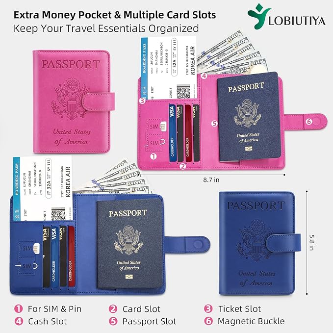 2 Pack Passport Holder For Travel with Luggage Tag Cover – RFID Blocking Passport Wallet Holder for Travel Women/Men | PU Leather Passport Case with Money Pocket, Blue/Pink