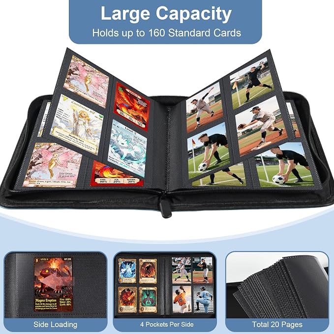 BYSTER 4 Pocket Card Binder, Premium PU Trading Card Binder with Zipper, 160 Capacity Side-Loading Binder for TCG, MTG, Sports Cards, Game Cards, Navy Blue