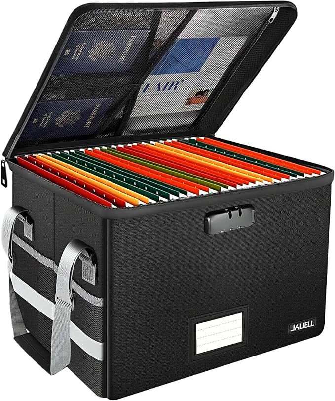 Fireproof File Box with Lock, Document Storage Organizer with Lid, Handle | File organizer Filing Storage Cabinet with Water-resistant Zipper, Home Office Safe for Hanging Letter/Legal Folder