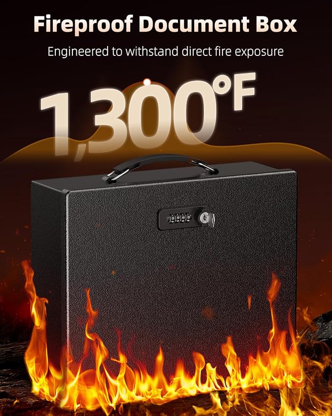 Uniclife Fireproof Document Box with Combination & Key Lock | Water Resistant, Large Metal Lock Box for A4 Paper, Portable Document Safe for Valuables Passports, 13" x 10.9" x 4.1"