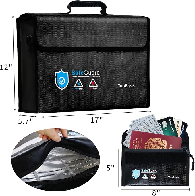 Fireproof Document Bag - Large (17" x 12" x 5.7") Fireproof Waterproof Document Bag,Legal Size Documents and Valuables, Heavy Duty Lightweight Briefcase for Home or Office(Black）