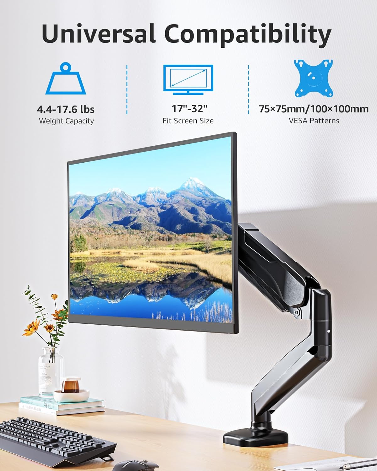 MOUNTUP Single Monitor Desk Mount, Adjustable Gas Spring Monitor Arm Support Max 32 Inch Screen, Computer Monitors Stand with Clamp/Grommet Mounting Base, VESA Mounts Fit 4.4-17.6lbs Computer, Black