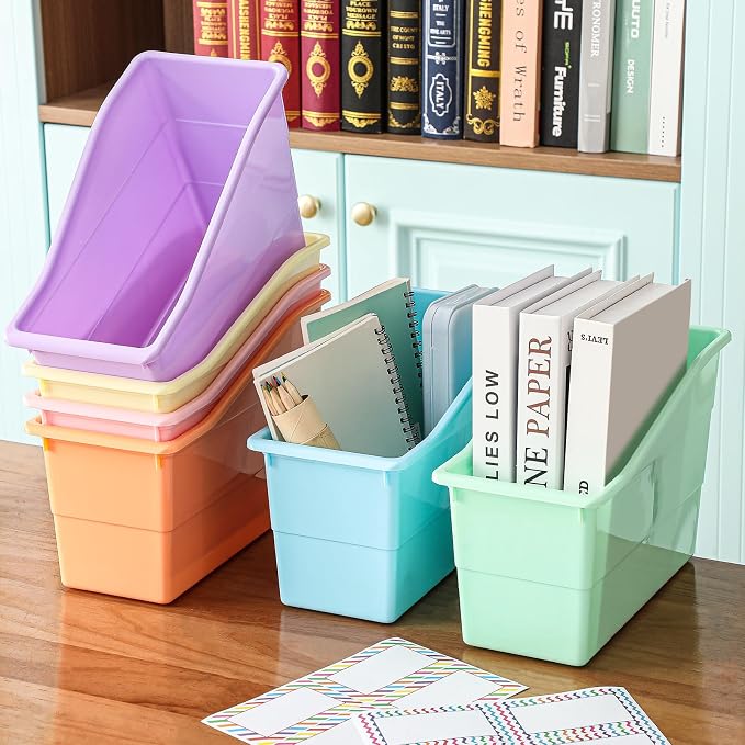 Blosssound 12 Set Book Bins for Classroom Stackable,Pastel | Plastic Baskets with Labels, Slanted Front, Library Supplies Organizers, Desktop Storage Bins, Teachers Home School Use