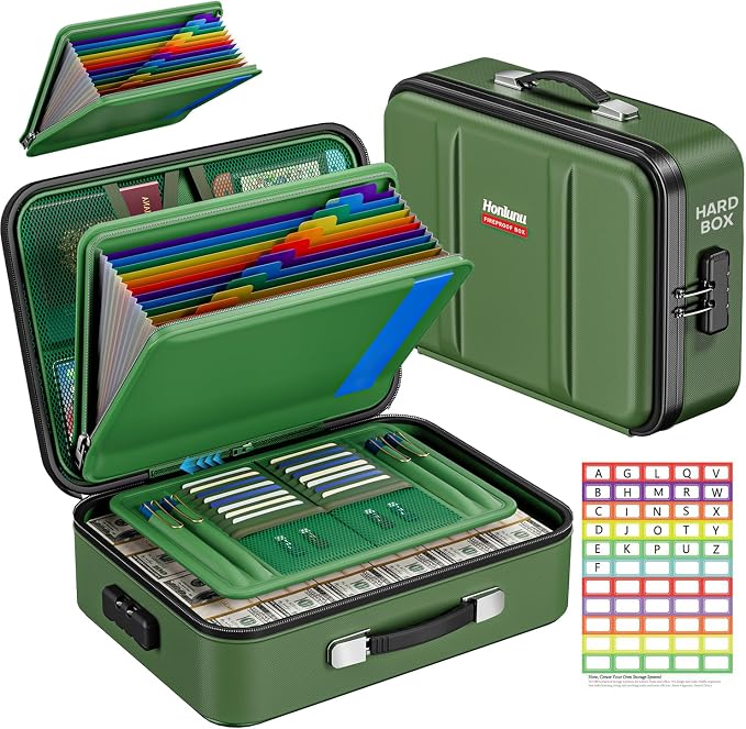 Fireproof Document Box with Lock, Hard Case Safe Box Water Resistant Document Organizer for Important Documents, Passports, Certificates & Cash, Portable File Storage for Home Office, Green