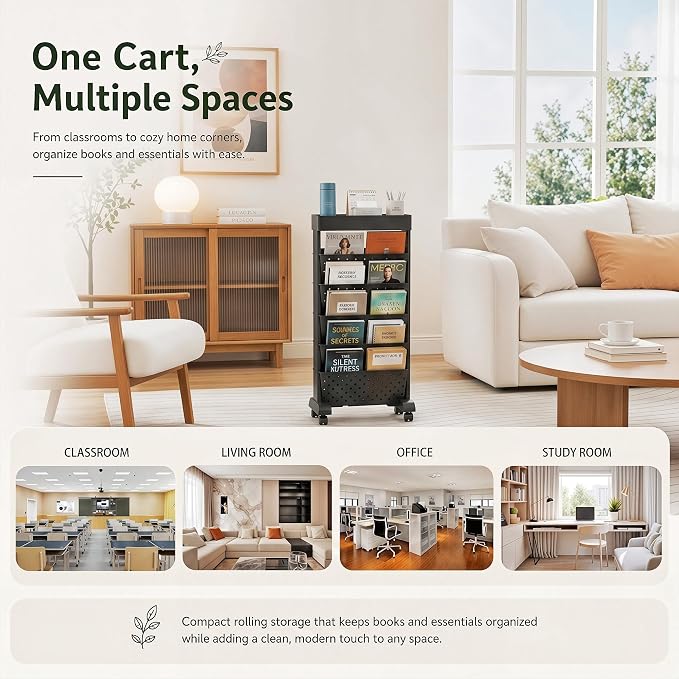BYFU 6-Tier Rolling Bookshelf Cart, Black | Movable with Wheels, File Paper Storage Organizer, For Home Office Study Classroom