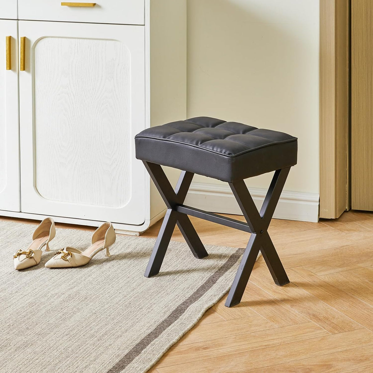 IBUYKE Square Makeup Stool with X-Leg Foot Rest, PU Footrest, Ottoman Seat Vanity Stool, Multi-Use as Small Side Table, for Bedroom, Living Room, Black LG-71B