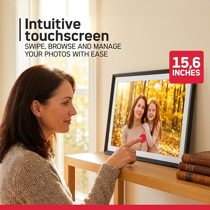 AGFAPHOTO FRAMEO WiFi Digital Picture Frame 15.6 Inch – HD Touchscreen Smart Photo Frame, Phone-Style 16:10 Ratio, Share Photos Instantly via App, 32GB, Auto-Rotate, Clock & Weather, Modern Design