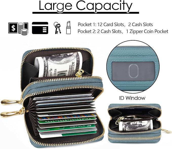 imeetu RFID Credit Card Holder, Small Card Wallet Women, Leather Card Case | Genuine Leather Women's Card & id Cases, Change Coin Purse with Zipper Keychain id Window, 20 Colors & 3 Styles, Daily, Gifts