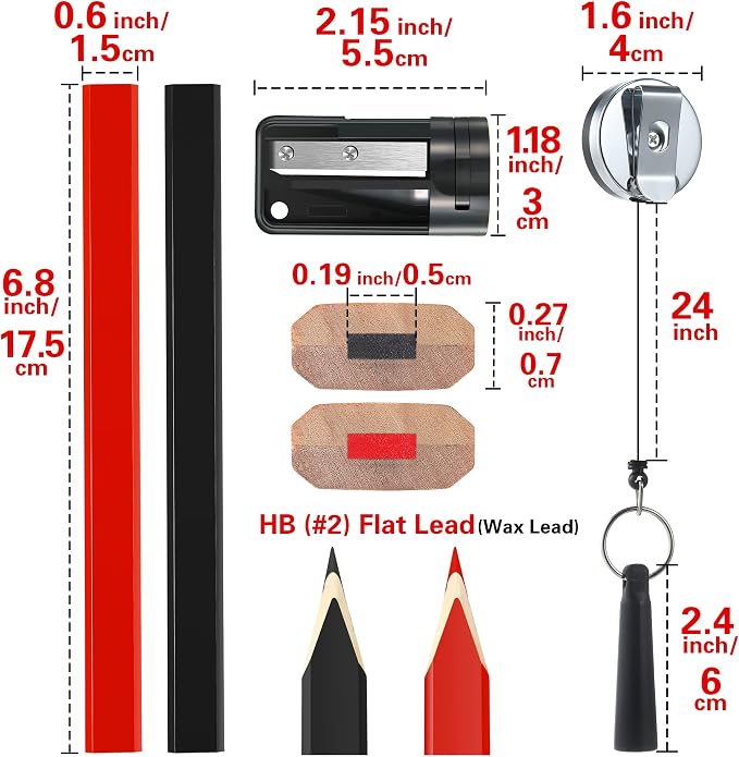Hohean 14 Pcs Carpenter Pencils, 7 Inches Flat Octagonal Hard Woodworking Construction Pencils Heavy Duty with Pencil Sharpener and Retractable Pull Pen Holder for Contractor Carpentry (Black,Red)