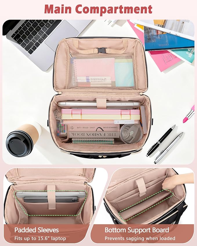 Marscamd Rolling Teacher Bag with Accordion File Organizer for Work | 15.6" Laptop Compartment, Detachable Trolley & Crossbody Strap, Womens Briefcase Tote with Wheels (Black)