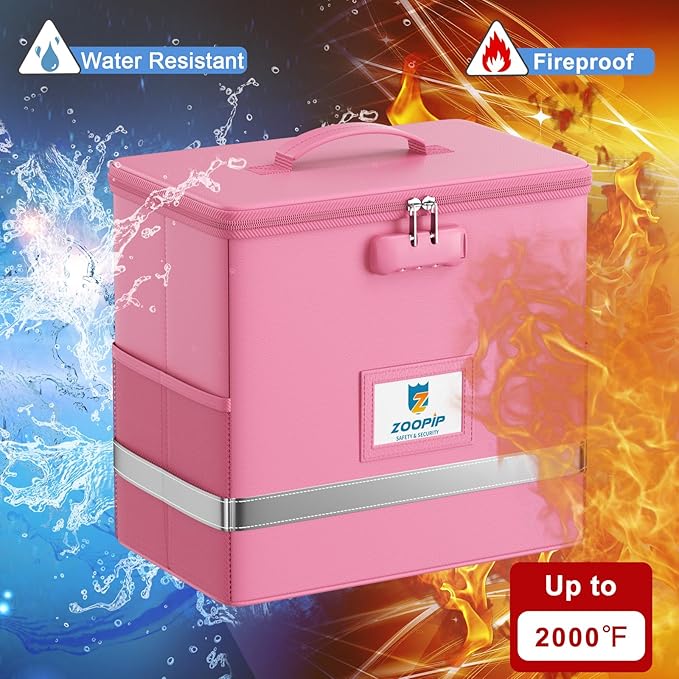 Fireproof File Box with Lock, Collapsible Document Organizer, Pink | Suitable for Hanging Folders in Letter Size, Reflective Strip for Fast Find, Home Office Safe Protection,12.2"x6"x10.2"