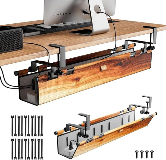 No Drill Thickened Under Desk Cable Management,38.5In,Wood-Grain | Upgraded Double-Layer Extra Thick Standing Desk Wire Management,Cord Organizer with Clamp/Screw Mount,for Office,Home