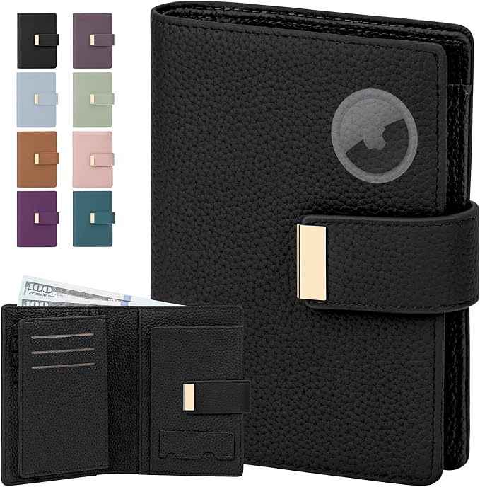 BKNOOU RFID Blocking Passport Holder with Airtag Slot- Leather Travel Passport Wallet for Women & Men, Slim Bifold Travel Passport Holder Holds Cards & Tickets & Cash (Black)