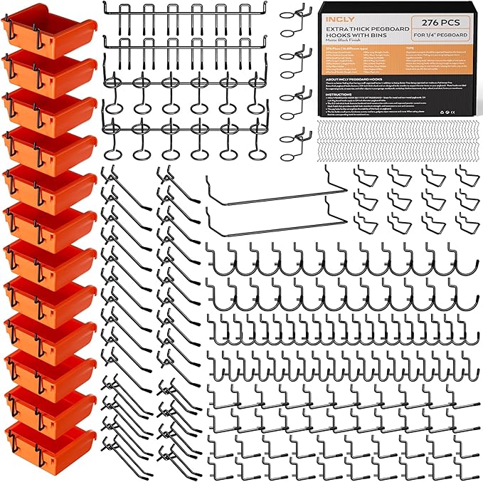 INCLY 276PCS Pegboard Accessories Organizer Kit for 1/4 Inch Pegboard | Extra Thick, Heavy Duty, Pegboard Hooks with Bins & Paper Towel Holder, Peg Board Hooks, For Garage Wall Hanging Tools