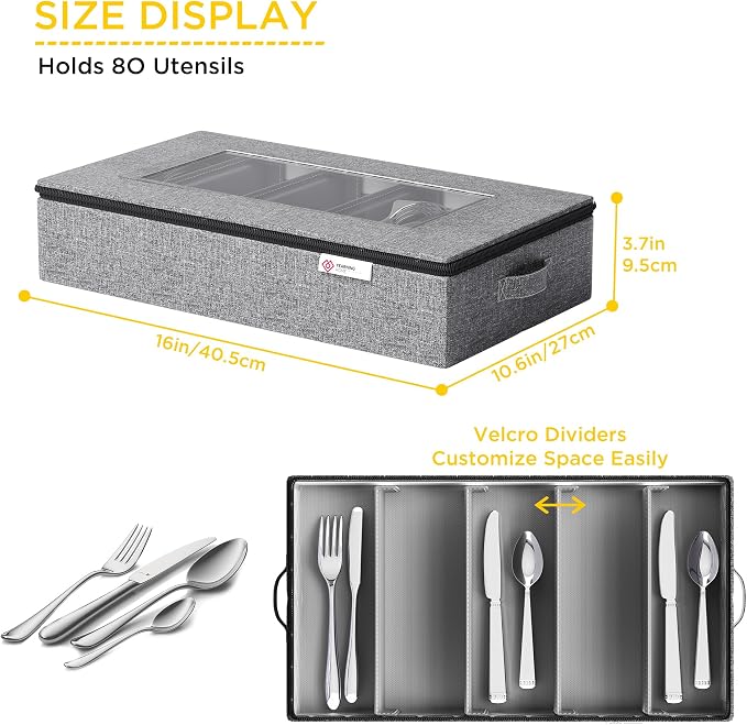 YearningHome Silverware Storage Box,Hard Shell Flatware Organizer with Lid and Zipper,Utensil Storage with Clear Window and adjustable Divider for Spoons,Forks.Knives,Grey
