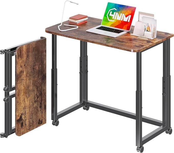 4NM No Tool Assembly 31.5" Small Desk, Folding Portable Desk with Wheels, Adjustable Height Foldable Computer Home Office Desks, Collapsible Study Writing Table for Space Saving Bedroom - Rustic Brown