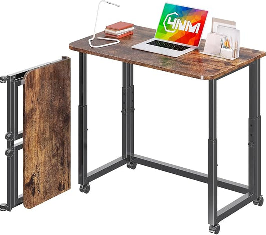 4NM No Tool Assembly 31.5" Small Desk, Folding Portable Desk with Wheels, Adjustable Height Foldable Computer Home Office Desks, Collapsible Study Writing Table for Space Saving Bedroom - Rustic Brown