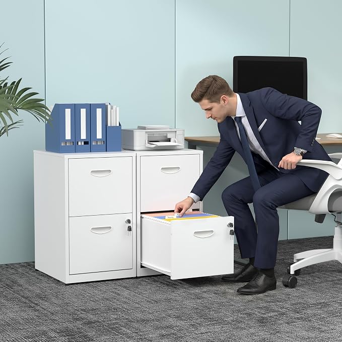 Polup 2 Drawer File Cabinet with Lock, Metal Filing Cabinet for Home Office | Small Locking Cabinet for Under Desk Storage, Printer Stand, Fits Letter Size, White, 26"H x 15"W x 18"D, Easy Assembly