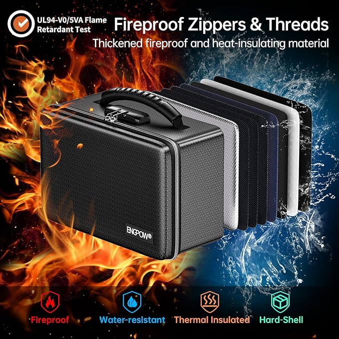 ENGPOW Fireproof Money Box, Small Hard Case Fireproof Box with Fireproof Zipper ＆ Lock, 6400°F Heat Insulated Fireproof Water Resistant Safe Box for Cash, A5 Document, Passport and More, Black