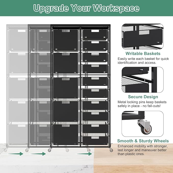 EasyPAG Rolling Storage Cart With 15 Drawers, Metal Craft Organizers with Wood Tabletop for Home, Letter/Legal Size Rolling File Cart for Office, Classroo and Dorm, Black