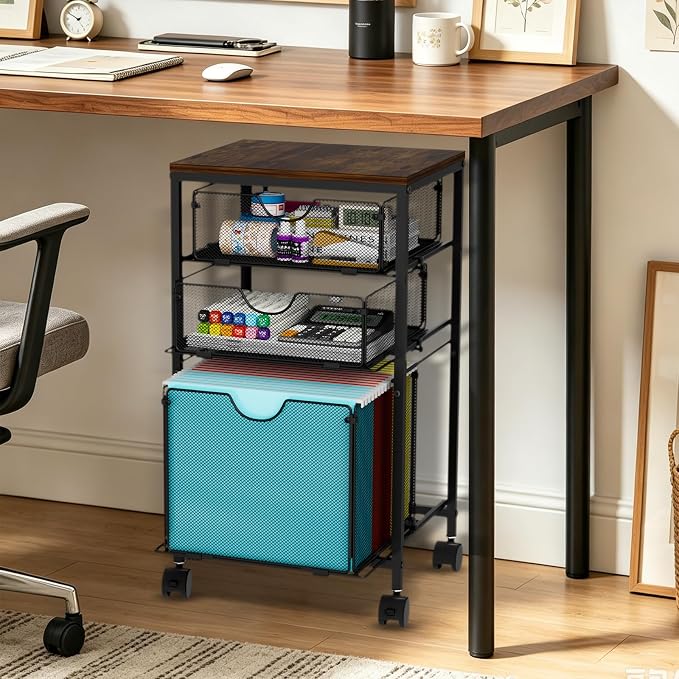 BOHDK Rolling File Cart with 3 Storage Drawers, Wood & Mesh Hanging File Folder Organizer with Wheels Under Desk, File Cabinets for Home Office, 11.81" D x 14.8" W x 25.39" H, Black