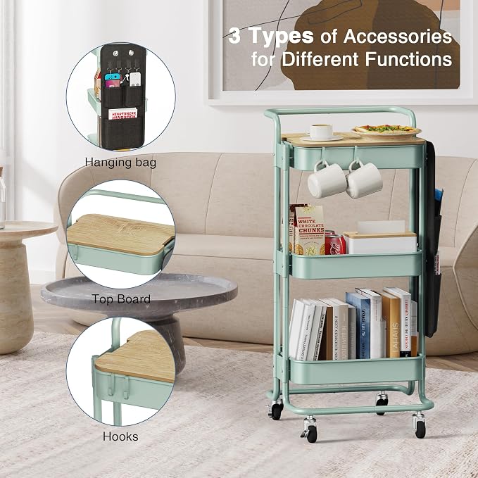 DTK 3-Tier Rolling Cart with Table Top, Metal Utility Cart with Side Bags | Tray Storage Organizer, Lockable Wheels, 4 Hooks, Art Cart for Kitchen, Bathroom, Office, Craft room, Living room, Green