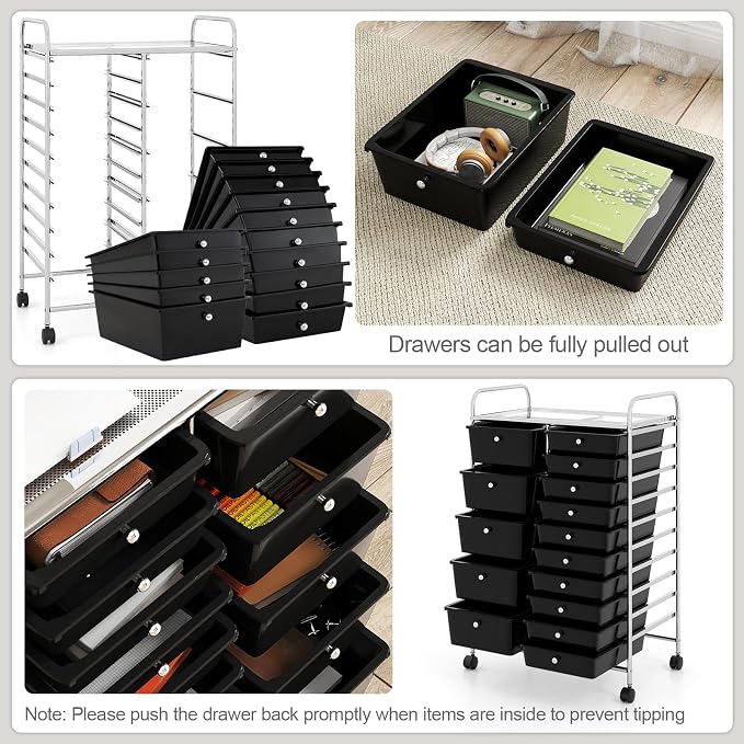 RELAX4LIFE 15-Drawer Rolling Storage Cart - Utility Cart with Metal Frame, Lockable Wheels & Removable Drawers, Multipurpose Art Craft Organizer for Home Office, Classroom (Black)