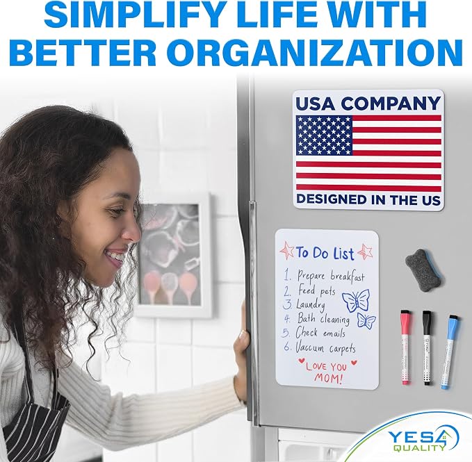 YES4QUALITY Magnetic Dry Erase White Board Sheet for Fridge 12x8 in, with Stain Resistant Technology, Includes 3 Markers and Big Eraser with Magnets, Small Refrigerator Whiteboard Planner