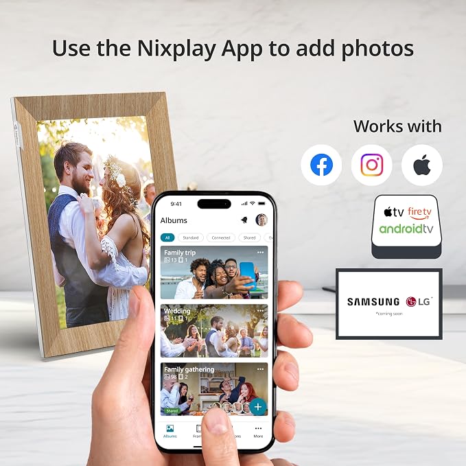 Nixplay Digital Touch Screen Picture Frame with WiFi - 10.1” Photo Frame, Connecting Families & Friends (White/Wood)