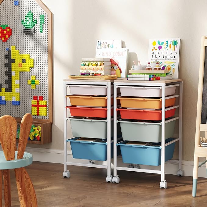 Giantex Rolling Storage Cart with 5 Drawers, Utility Cart w/Wooden Tabletop, Lockable Wheels, Multipurpose Organizer for Art Craft Books Paper, Drawer Carts for Dorm Classroom Office, Macaron