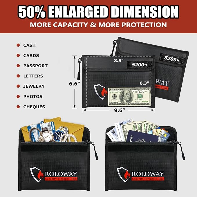 Fireproof Bag (9.6 x 6.6 inches) 5200℉ Heat Insulated, Fireproof Money Bag with Zipper for Cash (2-Pack Black)